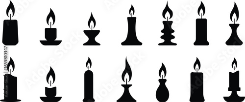Candle silhouettes with flames, assorted shapes and holders, decorative vector icons, minimalist black design, home decor lighting, wax candle clipart, isolated CAD drawing illustration