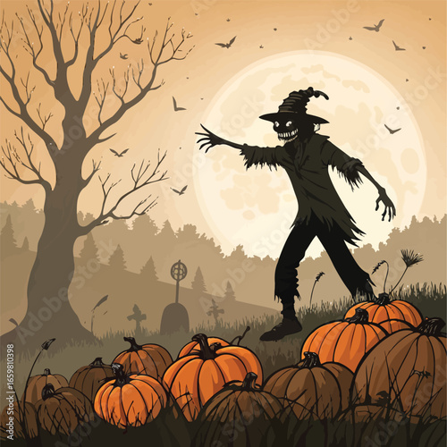 Scary scarecrow in a pumpkin field, vector silhouette