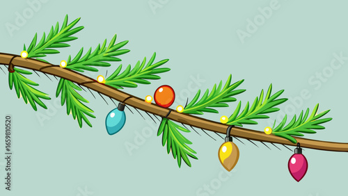 Pine branch with glowing festive lights in soft focus blue background vector illustration.