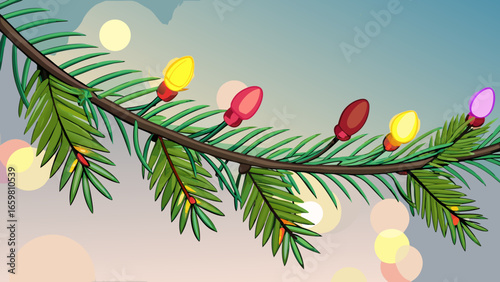 Pine branch with glowing festive lights in soft focus blue background vector illustration.