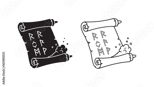 Ancient scroll with runes and smoke, isolated
