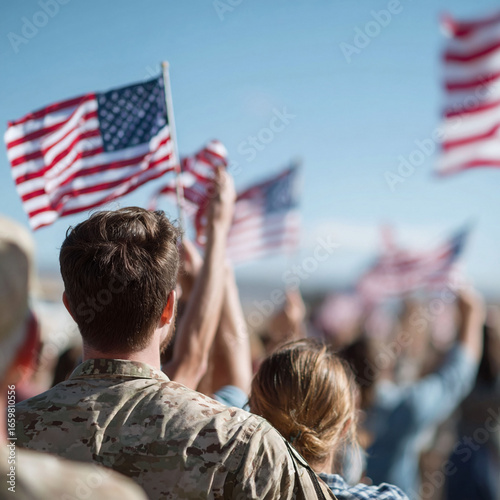 Man in military uniform with partner in crowd waving flags. Patriotism, homecoming, support, veteran concept. Perfect for political and social commentary.