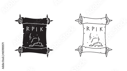 Ancient scroll with runes and smoke, black and white