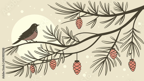 Pine branch with glowing festive lights in soft focus isolated background vector illustration.