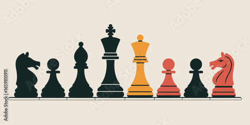 A line of chess pieces including knights, pawns, bishops, a king, and a queen in black and orange colors