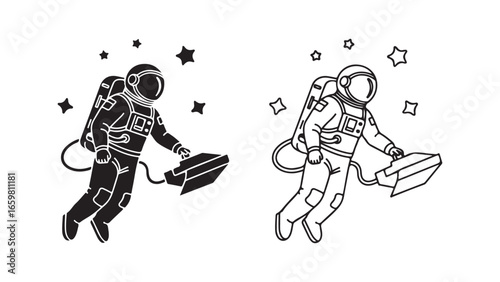 Astronaut floating in space with equipment