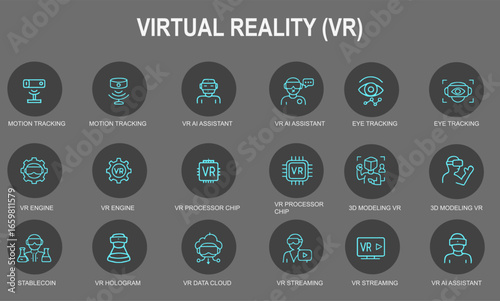 VR Technology Outline Icon Set – Motion Tracking, AI Assistant, Eye Tracking, Data Cloud, Engine, Processor, Virtual Lab, 3D Modeling, Hologram, Streaming