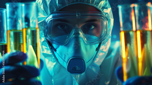 A scientist in a biohazard mask, surrounded by glowing test tubes
