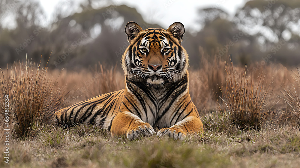 Fototapeta Majestic tiger resting in tall grass, showcasing its powerful presence and striking orange and black stripes.  A captivating image symbolizing wildlife beauty and the untamed wilderness.