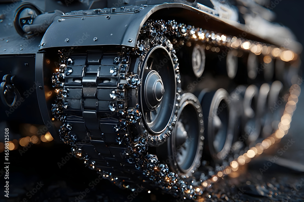 Fototapeta premium Close-up of a tank track showcasing intricate design and details. Perfect for illustrating military technology and engineering excellence.