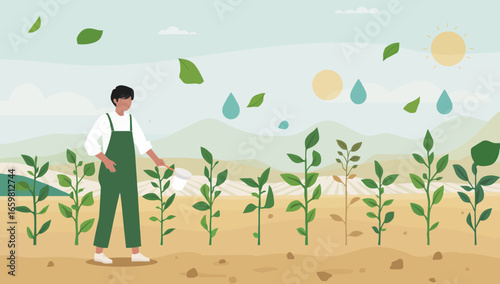 Farmer watering young plants in a field with leaves and water droplets