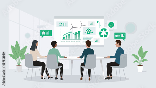 Team Discussing Renewable Energy and Environmental Sustainability in Meeting Room