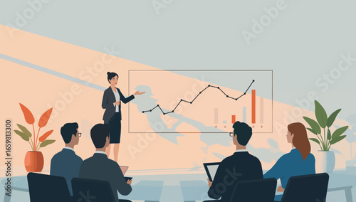 Business Presentation with Graph and Audience in Modern Conference Room Setting
