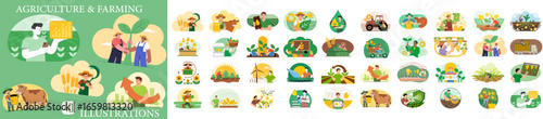 set of agriculture and farming vector illustrations, organic food production, sustainable cultivation, rural lifestyles and local agribusiness concepts 

