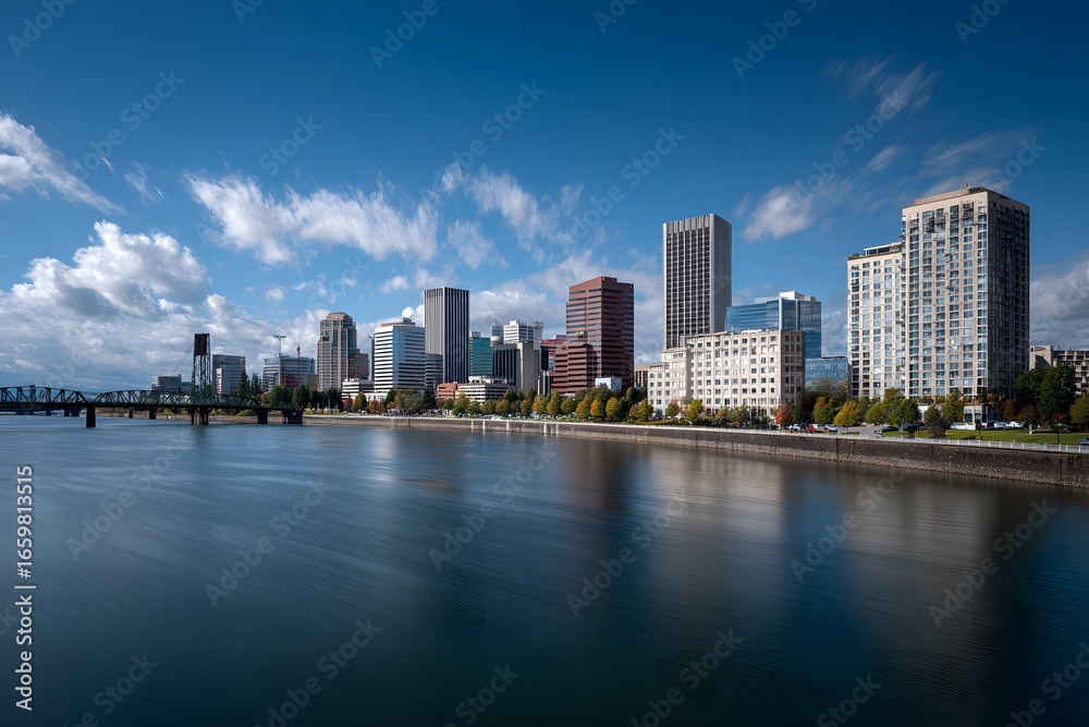 Fototapeta premium Skyline wide view of a city river hugging skyscrapers like jewels on a crown.