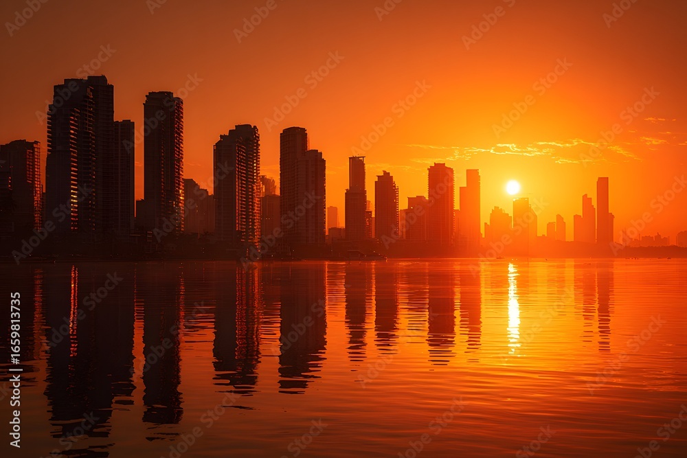 Fototapeta premium Sun setting behind a city skyline paints glass buildings like fiery mirrors in a wide shot.