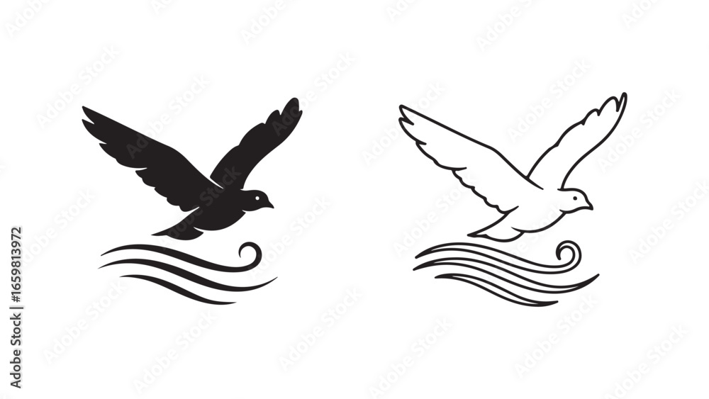 Fototapeta premium Bird flying over water outline and silhouette
