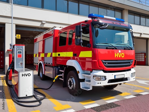 Ultra sharp HVO nozzle fueling modern fire truck at station, bright daylight, realistic