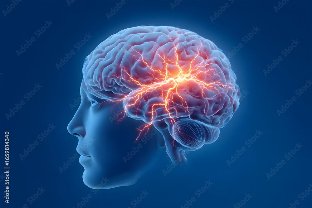 Obraz premium An artistic representation of a human brain with glowing neural connections, symbolizing creativity, thought processes, and cognitive function.