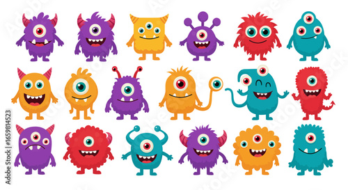 Vector illustration of cute colorful cartoon monsters in a row, each with different shapes, eyes, and expressions. Some monsters have one eye, multiple eyes, sharp teeth, big mouths, or funny hairstyl