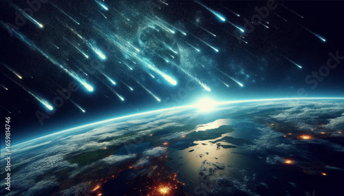 An illustration of a meteor shower falling to Earth burning up in the atmosphere of the planet. Vector graphics. EPS.