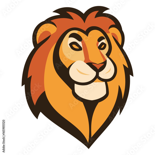 Illustration of a stylized lion head with a thick mane and a confident expression in shades of orange
