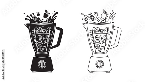 Blender with fruit splash in black and white