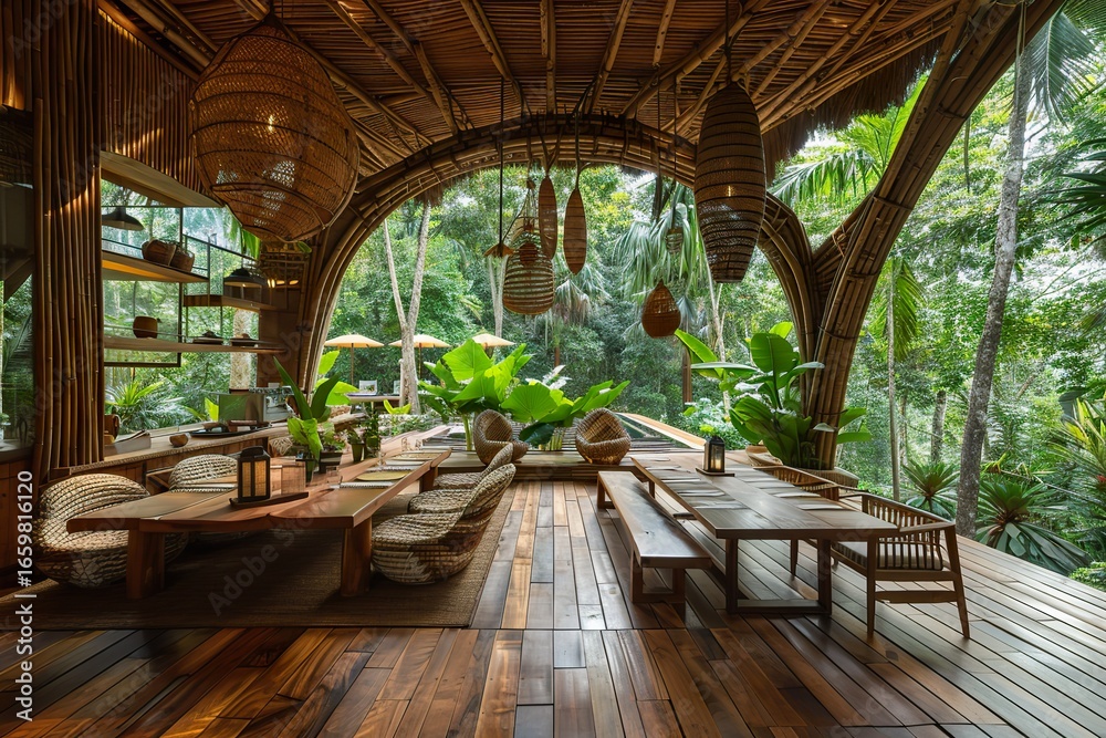 Fototapeta premium tropical garden with wooden chair