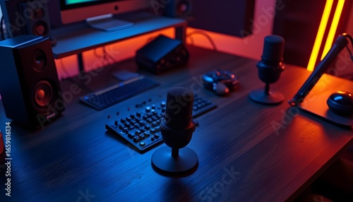 Overhead shot of a podcast studio featuring a dark wooden desk with two @Rode microphones, a professional sound mixer, and vibrant blue LED strip lights, set in a modern, minimalist office at night.