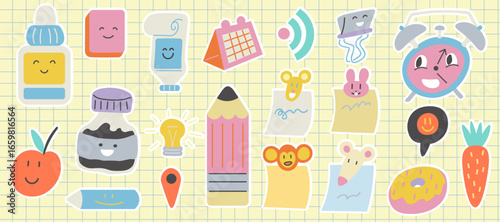 icon set of stationery and cute stuff for school and education in doodle style. icons for logo stickers website poster decor postcard design