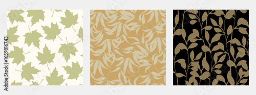 Vector Leaf Seamless Pattern Set. Simple Leaves Wallpaper. Floral Leaf Template Prints Design. Botanical Illustration Collection for Fabric, Textile Design. 