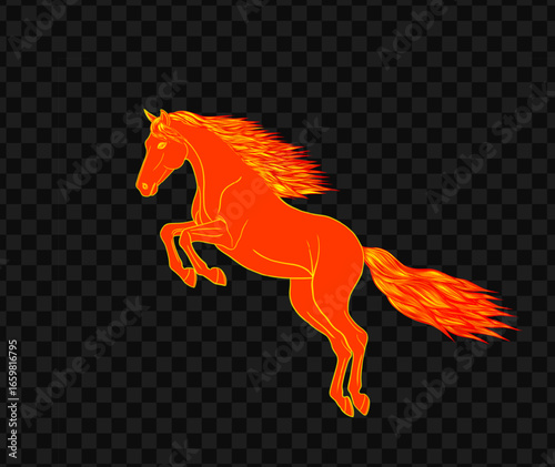 Fire horse with fire mane on transparent background. Jumping horse. Suitable for Chinese New Year, poster, horoscope. Vector illustration.