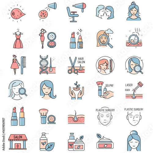 Collection of beauty salon related items depicting various treatments and products in a clean, modern style, perfect for websites and promotional materials.