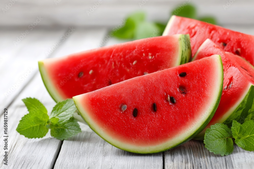 Slices of ripe red watermelon decorated with mint leaves resting on rustic white table Slices of ripe red watermelon decorated with mint leaves resting on rustic white table