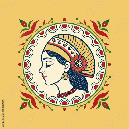 Vector art of traditional indian woman portrait in profile with ornate headwear