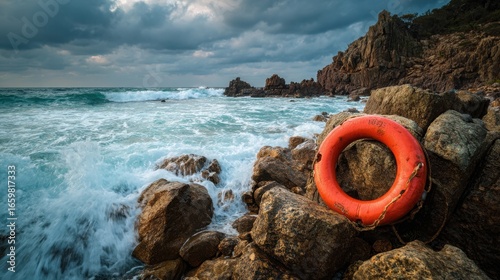 A lifebuoy sits on rocky shorelines, surrounded by crashing waves and dramatic clouds, capturing a moment of nature's raw power.