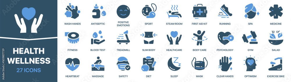 Fototapeta premium Health and wellness fill icon collection. Set of fitness, sport, medicine, healthcare, spa, running, gym, body care, and healthy lifestyle icons