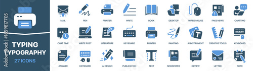 Typing and typography fill icon collection. Set of writing, printing, literature, keyboards, communication, chatting, and publication icons