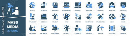 Mass media fill icon collection. Set of journalism, newspapers, interviews, reporters, influencer, movies, television, and communication icons