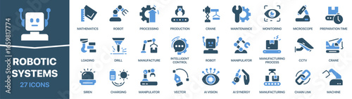 Robotic systems fill icon collection. Set of automation, AI, machine arms, production lines, monitoring, and industrial robotic technology icons