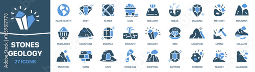 Stones and geology fill icon collection. Set of minerals, gems, crystals, volcanoes, mining, mountains, geology tools, and natural resources icons