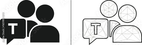 Side-by-side icons showing solid and wireframe figures with speech bubble “T”—modular vector for communication themes, UI design, tech branding, and conceptual storytelling