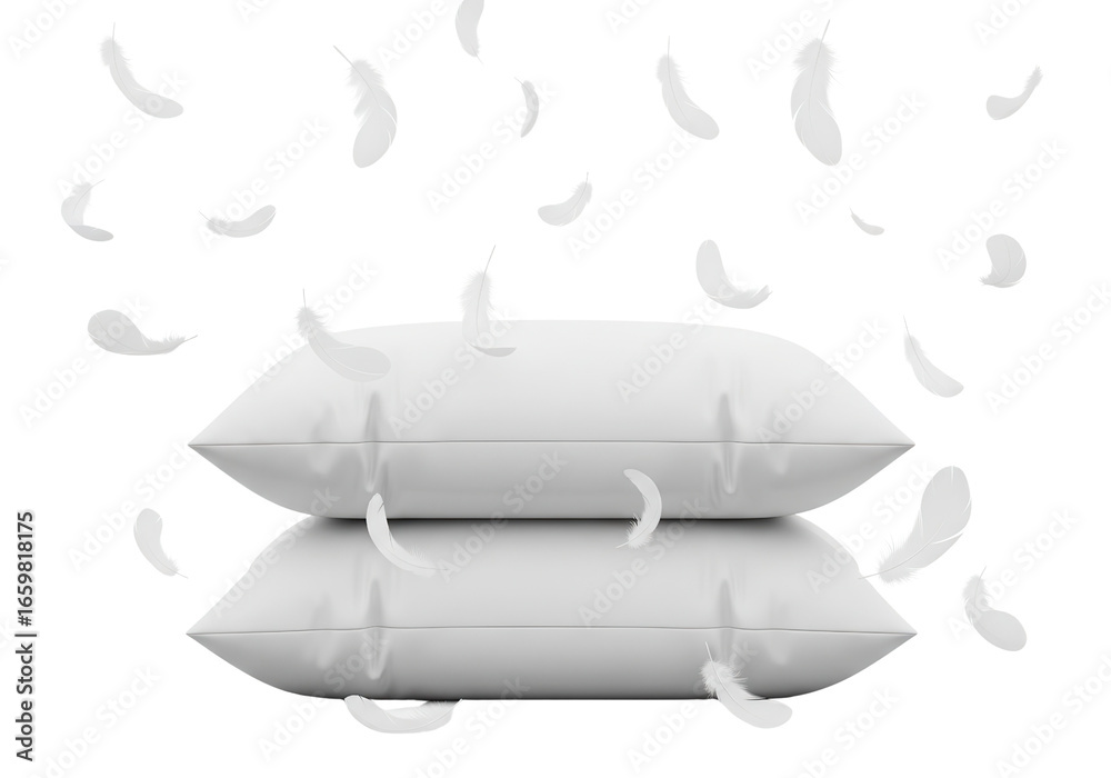 Fototapeta premium Stacked White Pillows Isolated on White Background with Falling Feathers