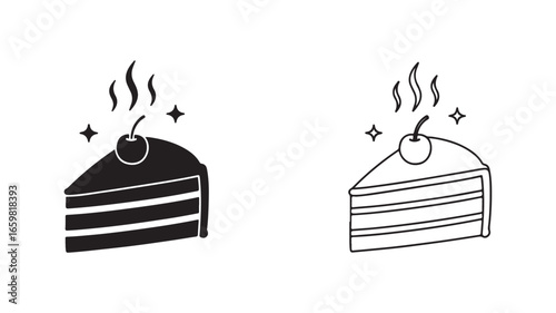 Cake slice icon with cherry and steam