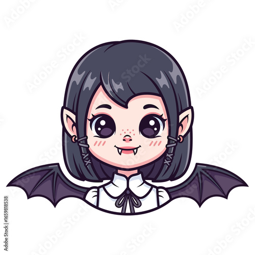 Cute Kawaii Vampire Girl Illustration with Bat Wings, Fangs, and Spooky Charm for Halloween and Gothic Themes