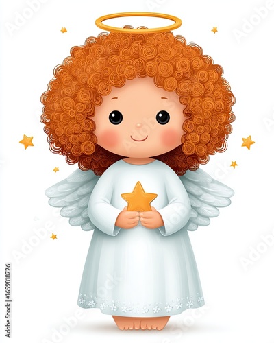 Season Theme Cartoon on White Background Cute angel character with curly hair, holding a star and surrounded by shimmering stars.