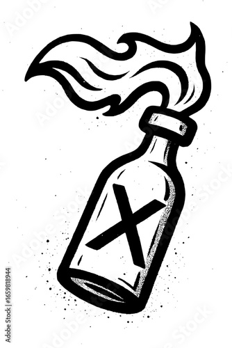 Bold graphic of a Molotov cocktail with flame and danger symbol, representing protest or rebellion