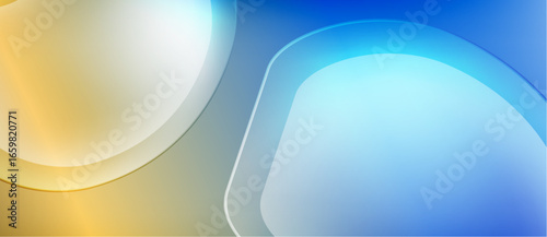 Abstract fluid shapes blend gold, blue hues. Smooth gradients create modern, calming visual effect. Minimalist design, soft lighting.