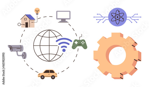 Global network linking smart home, computer, surveillance camera, car, game controller with science and settings. Ideal for IoT, connectivity, innovation, cybersecurity data automation future