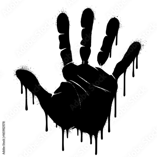 Bold black graffiti handprint dripping with urban street art spray paint style